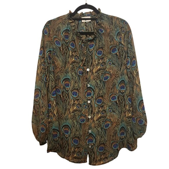 Show Me Your Mumu Green Peacock Printed Button-Down Blouse Size XS - Picture 1 of 9